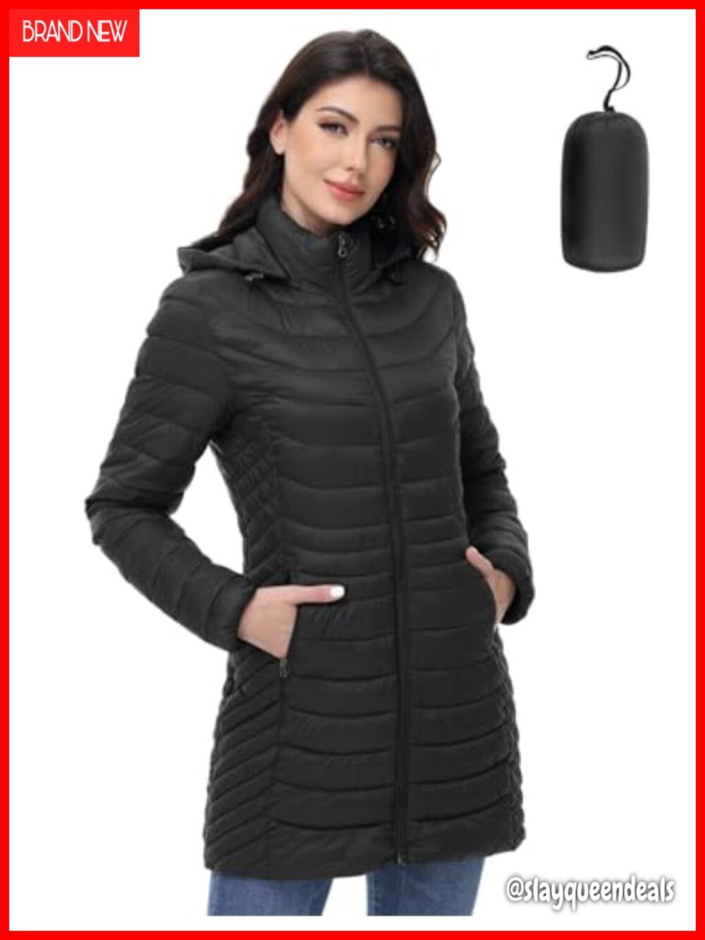 Lightweight Packable Puffer Jacket Mid-Length Hooded Warm Winter Coat with Four